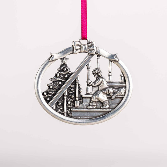 Danforth Pewter Magic of Christmas Ornament, child and dog on stairs looking at christmas tree.