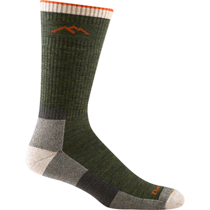 Darn tough olive sock with orange mountain outline detail, cream toe and heel