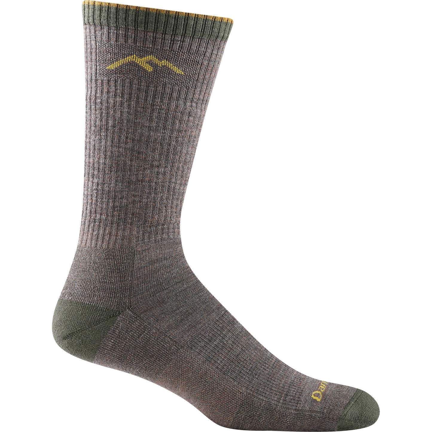 Darn tough taupe sock with yellow mountain outline detail, olive green toe and heel
