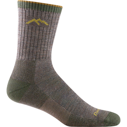Darn tough taupe sock with yellow mountain outline detail, green toe and heel