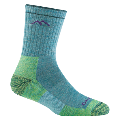 Darn tough aqua blue sock with purple mountain outline detail, light green toe and heel