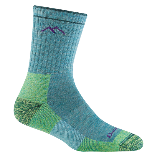 Darn tough aqua blue sock with purple mountain outline detail, light green toe and heel