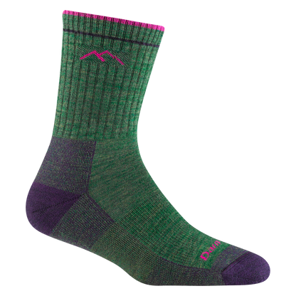 Darn tough moss green sock with pink mountain outline detail, purple toe and heel