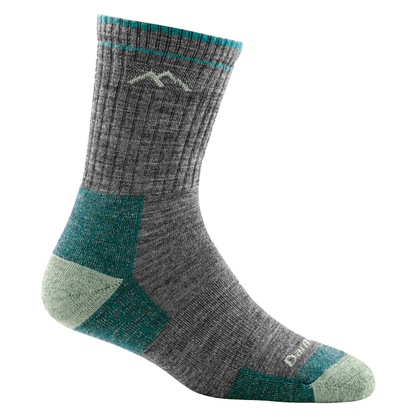 Darn tough slate gray sock with lime  mountain outline detail, lime green toe and heel