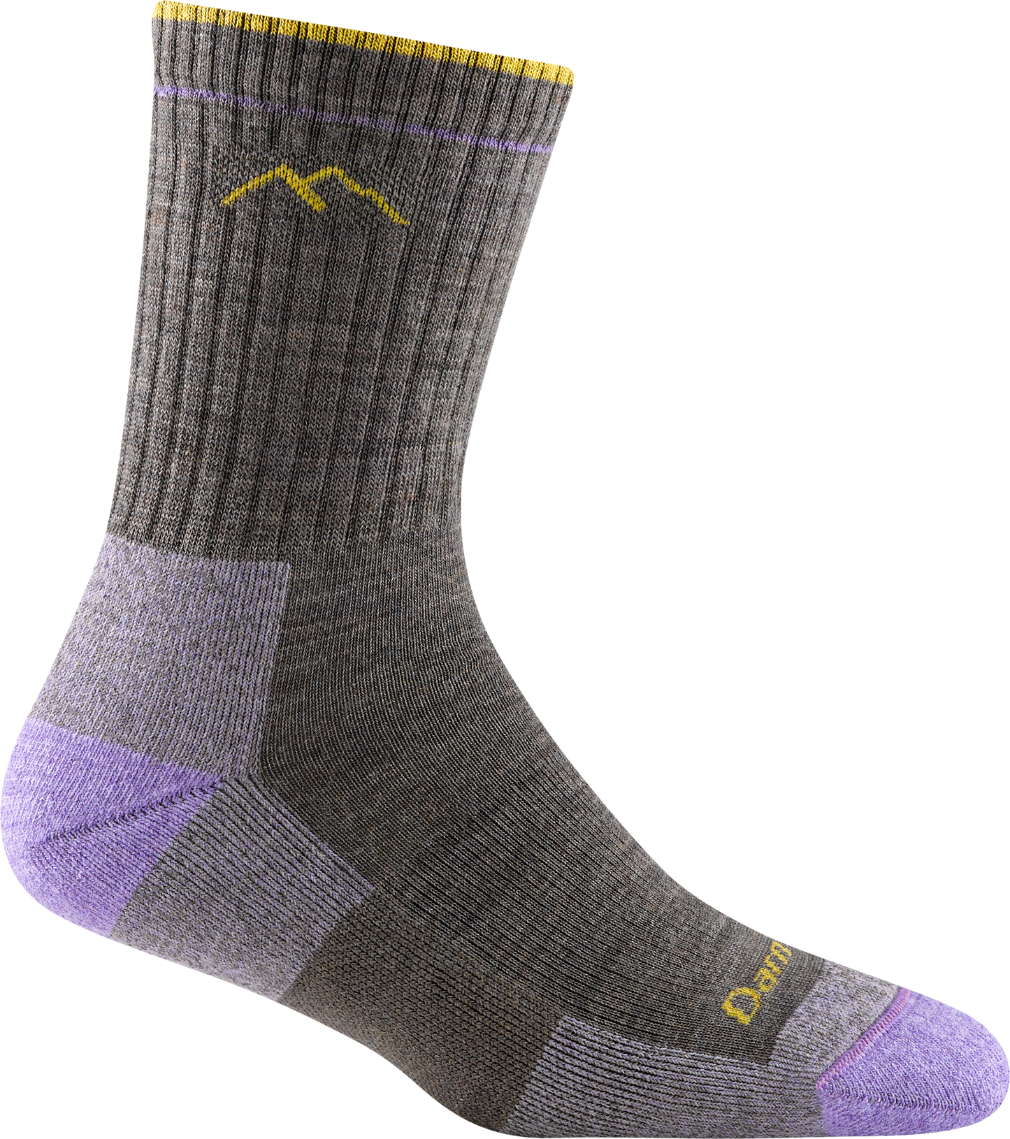 Darn tough gray sock with yellow mountain outline detail, purple toe and heel