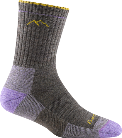 Darn tough gray sock with yellow mountain outline detail, purple toe and heel