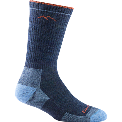Darn tough denim-blue sock with orange mountain outline detail, light blue toe and heel