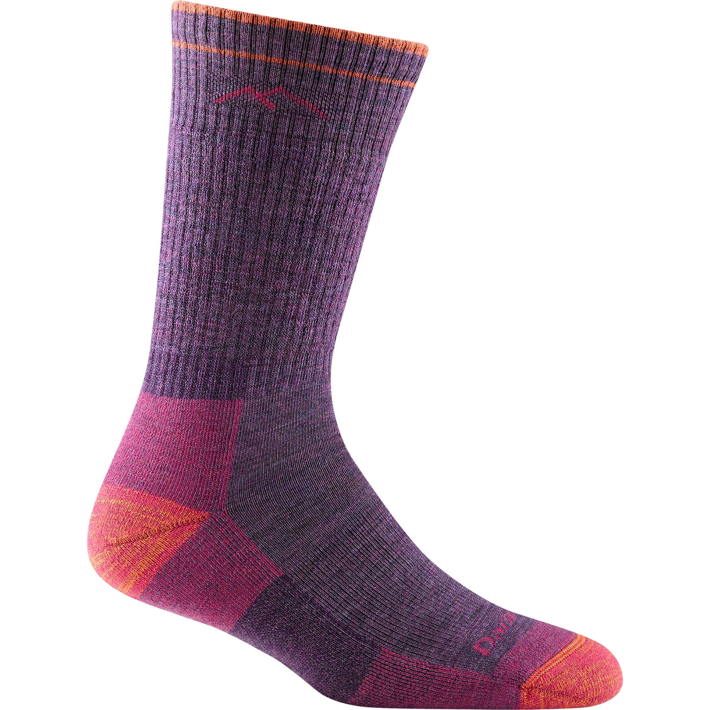 Darn tough plum sock with pink mountain outline detail, orange toe and heel