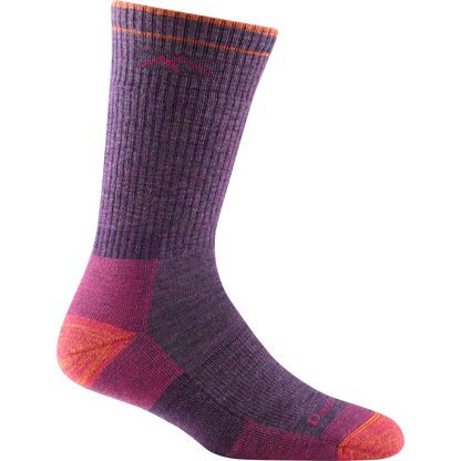 Darn tough plum sock with pink mountain outline detail, orange toe and heel