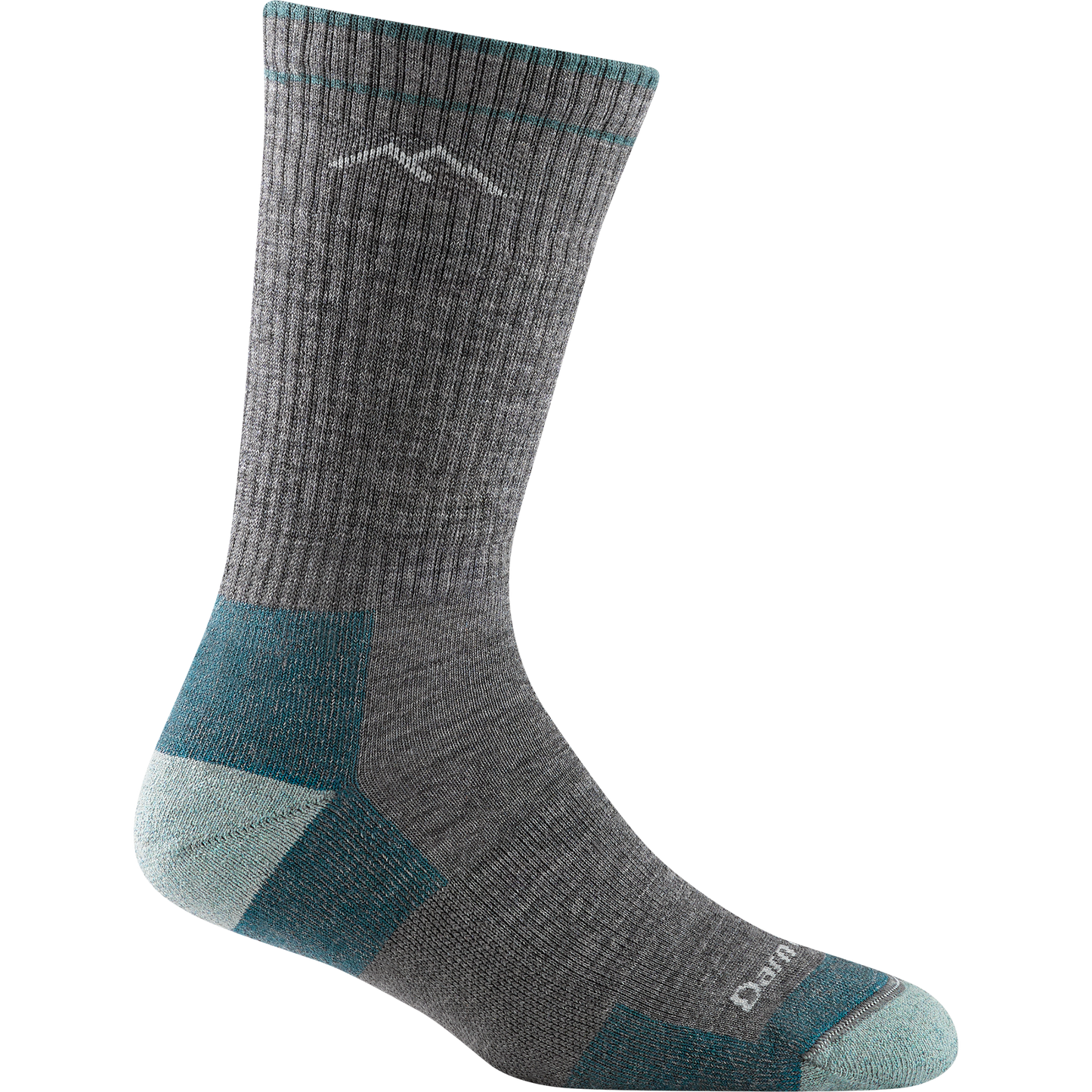 Darn tough grey sock with light gray mountain outline detail, light blue toe and heel
