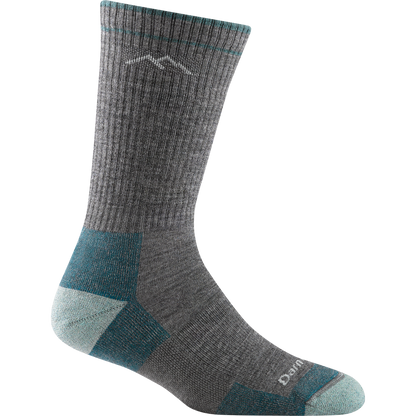 Darn tough grey sock with light gray mountain outline detail, light blue toe and heel