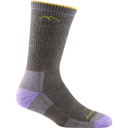 Darn tough gray sock with yellow mountain outline detail, lavender toe and heel