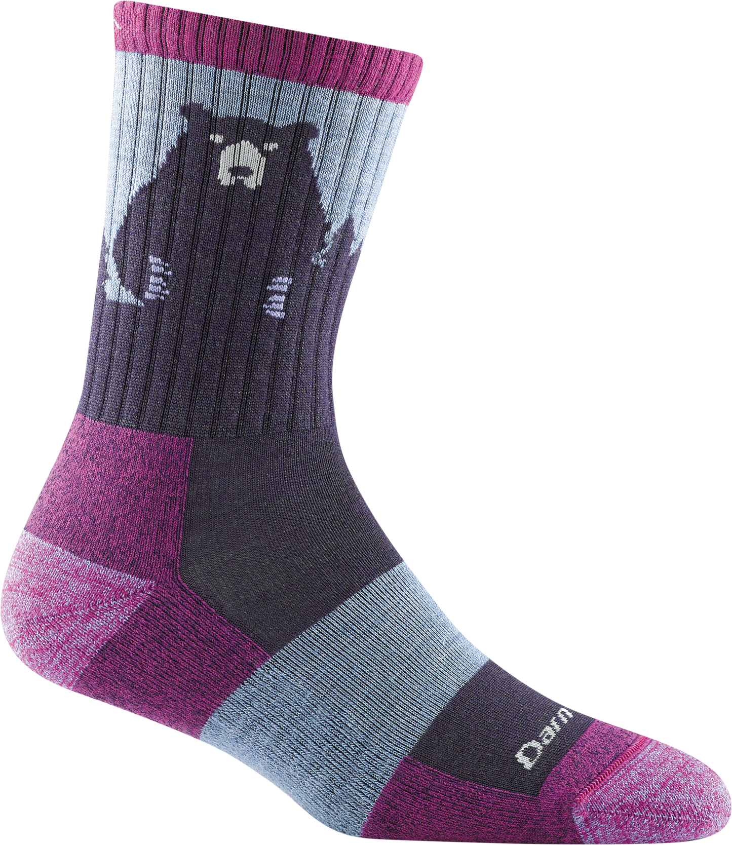 Darn tough pink, charcoal and light blue sock with bear detail