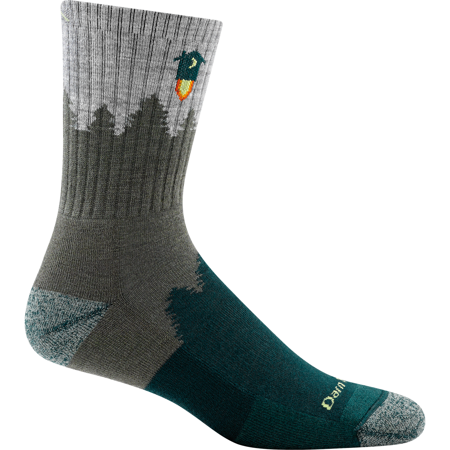 Darn tough green, olive and gray sock with fir tree outline