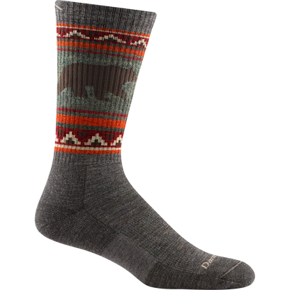 Darn tough taupe sock with bear and geometric print detail