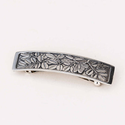 Danforth Pewter Butterfly and Bee Medium Barrette. A butterfly and bee on leaves. View shows french style spring clasp.
