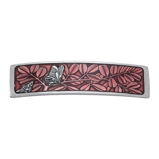 Danforth Pewter Butterfly & Bee Rose Medium Barrette. A silver bee and butterfly on rose colored leaves. 
