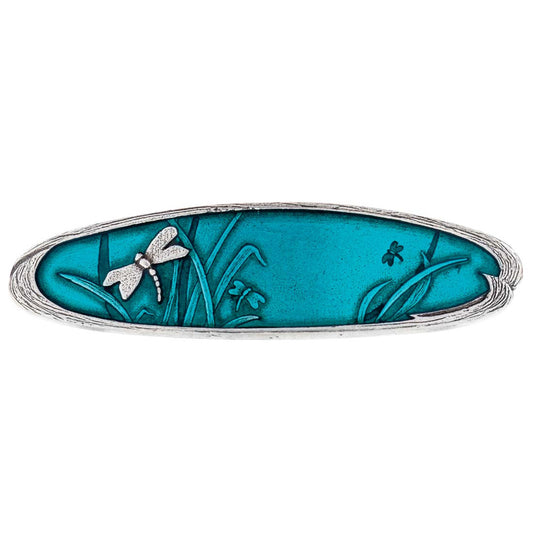 Danforth Pewter Dragonfly Teal Large Barrette. Silver butterfly with teal background.