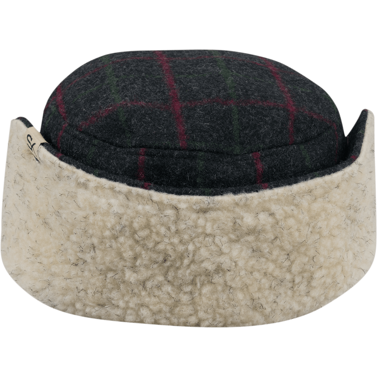 Stormy Kromer Adirondack Plaid Bergland Cap back view with ear flap folded up 