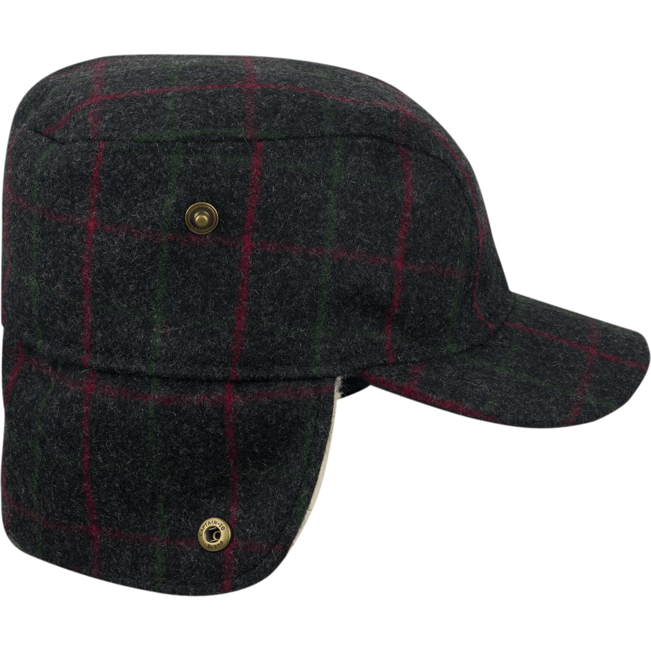 Stormy Kromer Adirondack Plaid Bergland Cap side view with ear flap down 