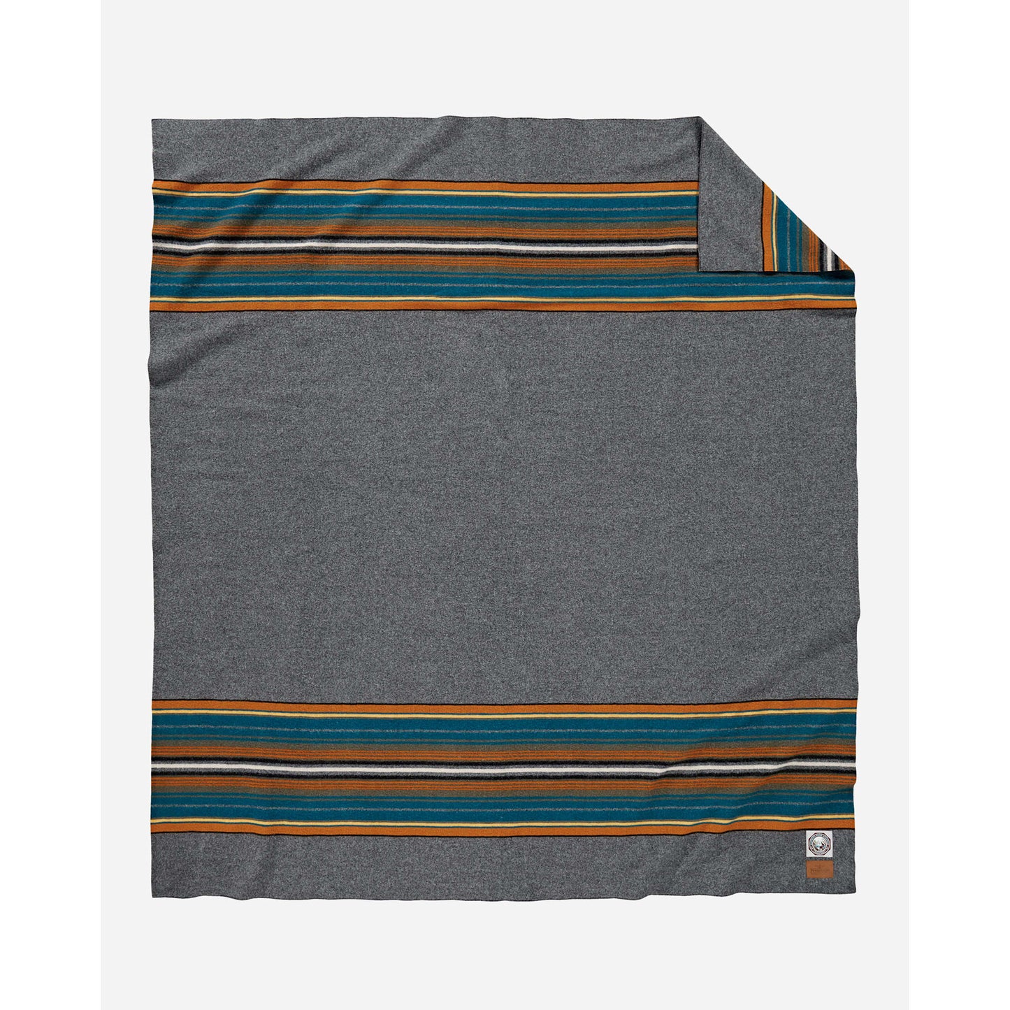 Pendleton wool camp blanket - gray with yellow and aqua blue stripes on edge