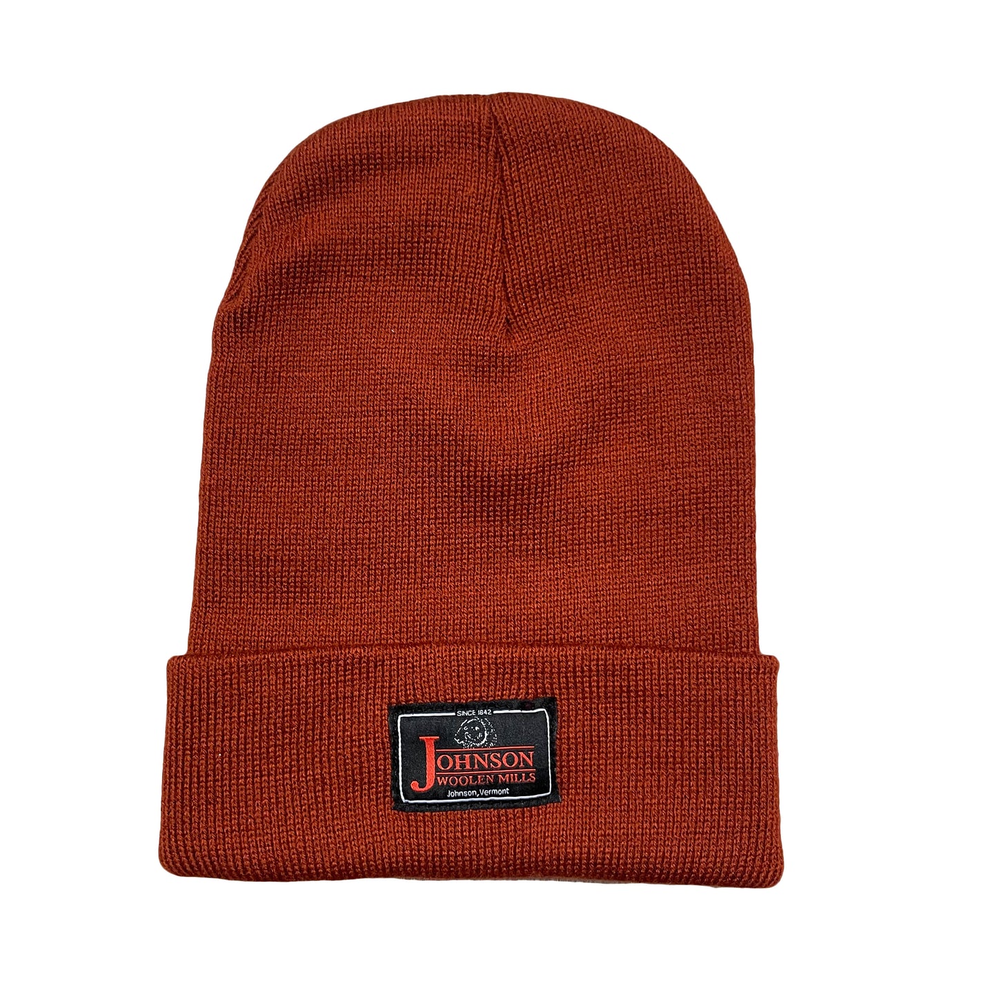Rust beanie with black label