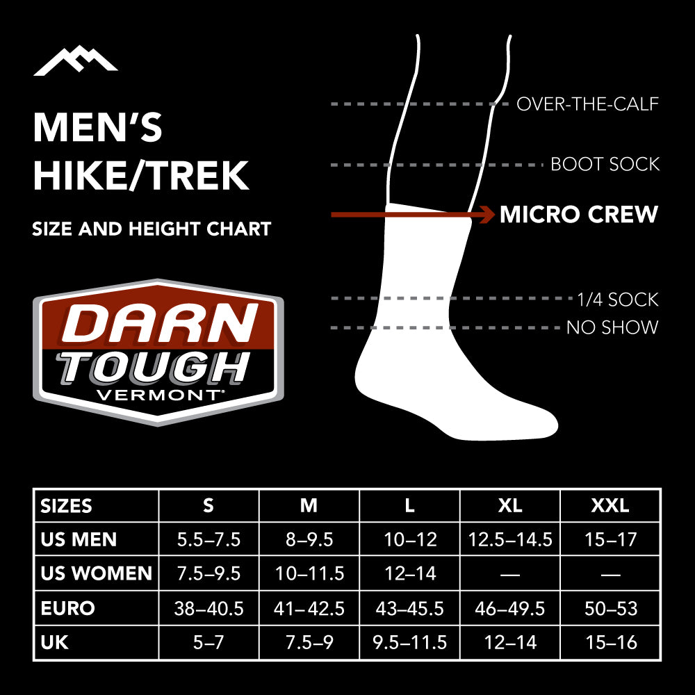 Darn Tough men's hike/trek sock size chart