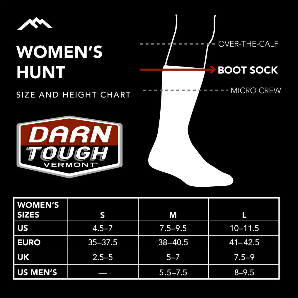 Darn Tough Women's hunting boot sock size chart