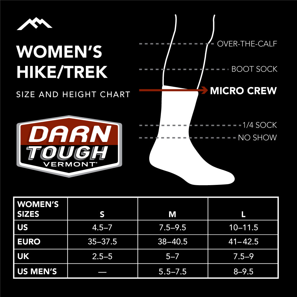 Darn Tough Women's Hike Micro crew sock size chart