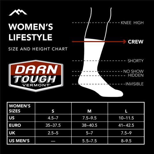 Darn Tough Women's lifestyle crew sock size chart