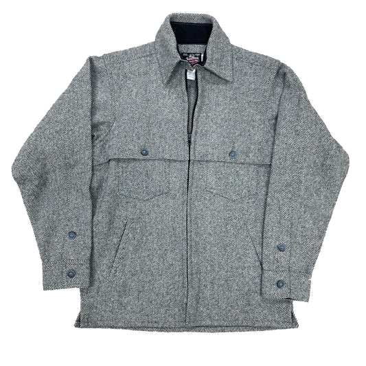 Wool jac shirt with full zipper, two chest pockets and two lower slash pockets. Shown in gray twill