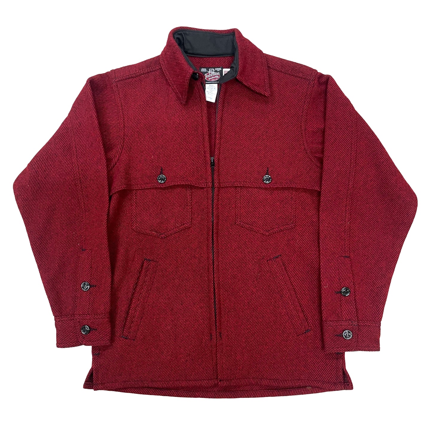 Wool jac shirt with full zipper, two chest pockets and two lower slash pockets. Shown in wine twill