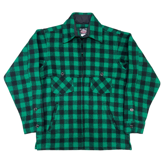 Wool jac shirt with full zipper, two chest pockets and two lower slash pockets. Shown in green and black buffalo plaid