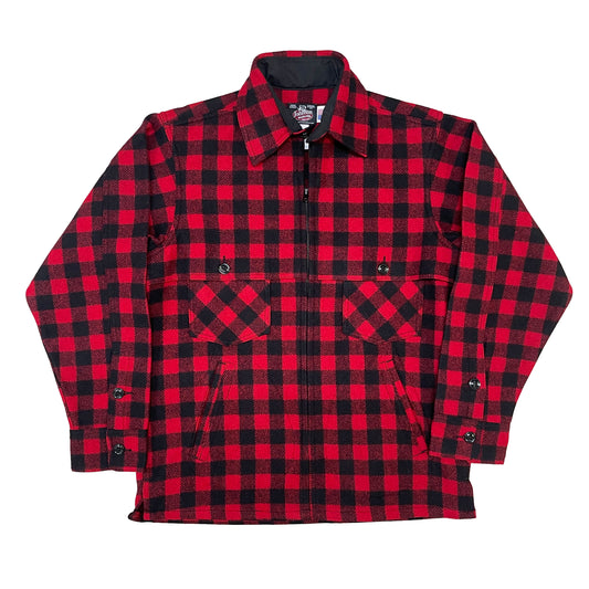 Wool jac shirt with full zipper, two chest pockets and two lower slash pockets. Shown in red and black buffalo plaid