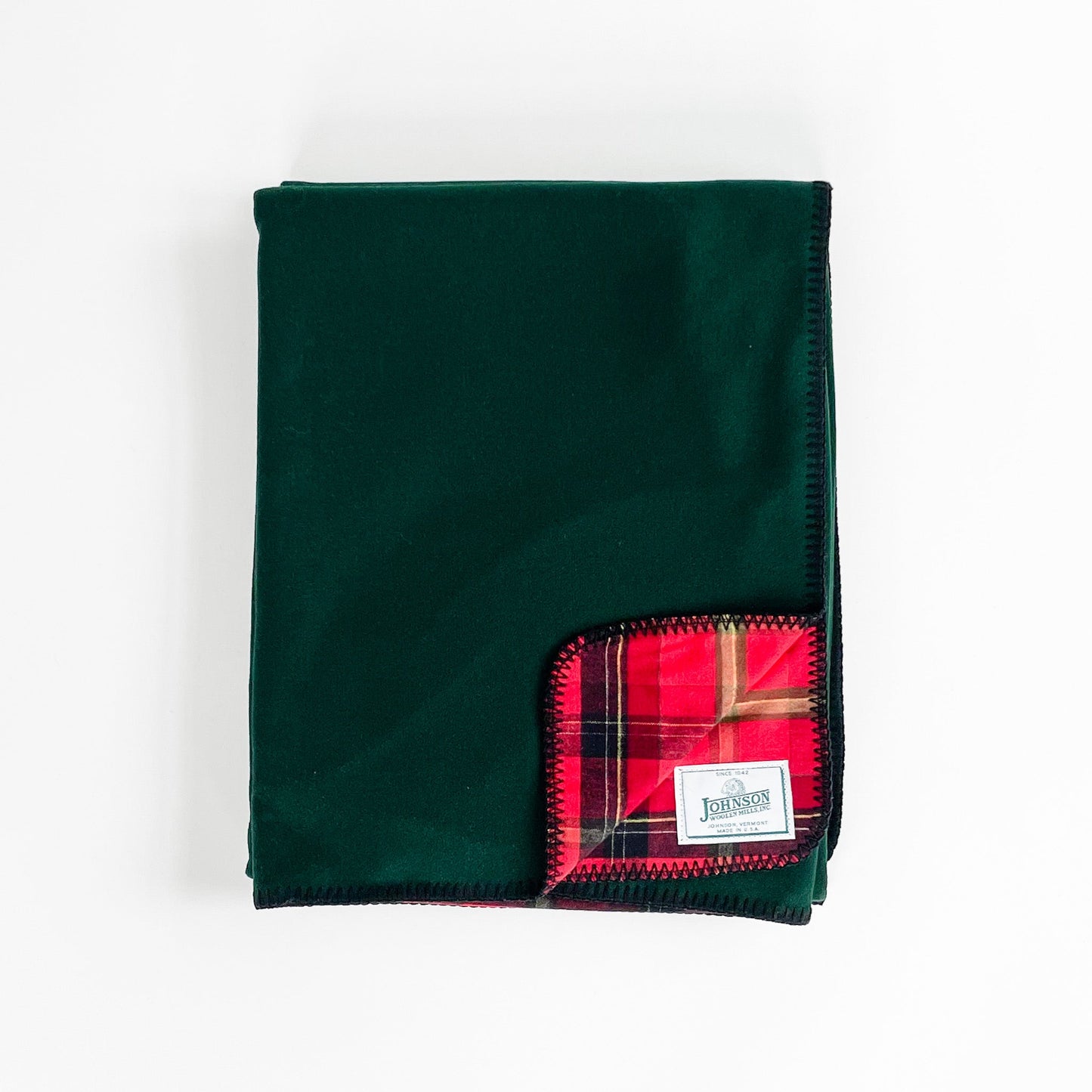 Flannel Wool Throws, spruce green wool outside, flannel red/orange/ yellow inside, front view opened