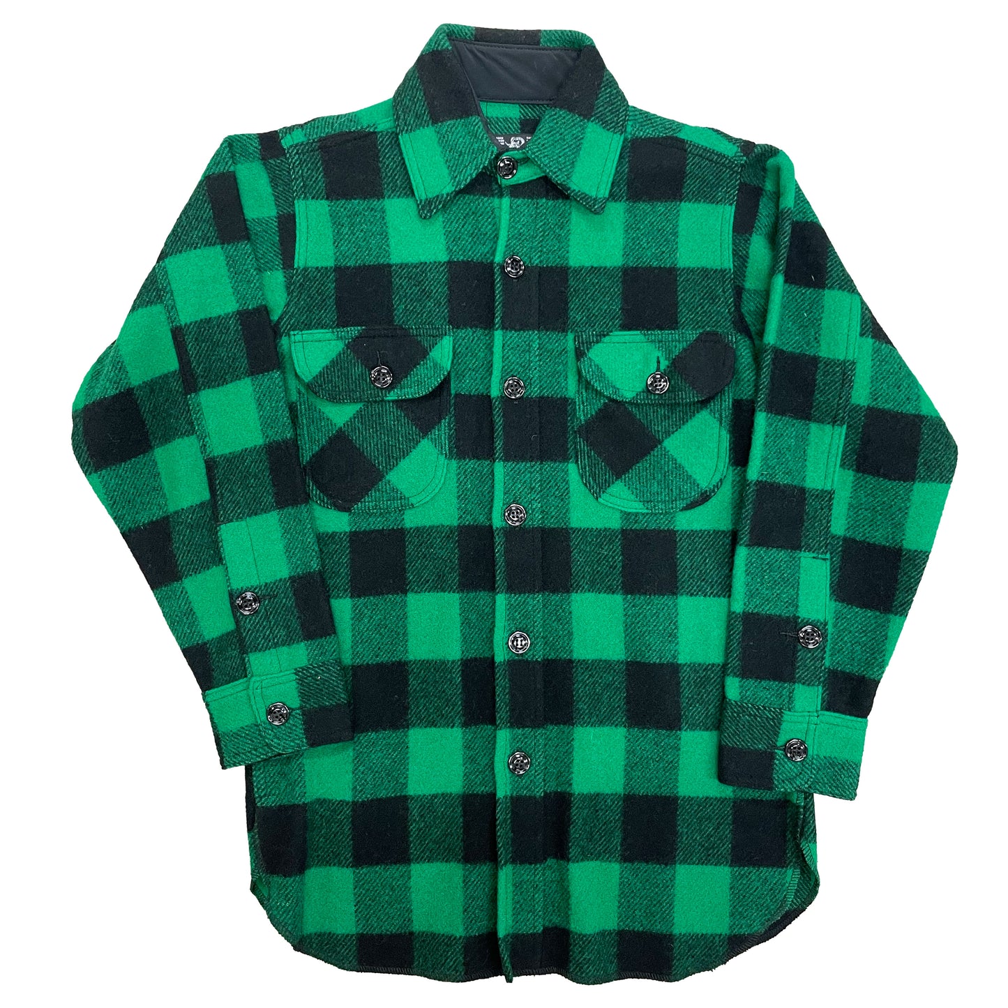 Green and black buffalo check long tail wool button down shirt