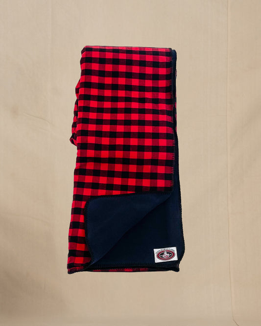 Green Mountain Flannel Throw Red & Black Buffalo squares with black fleece lining open corner view