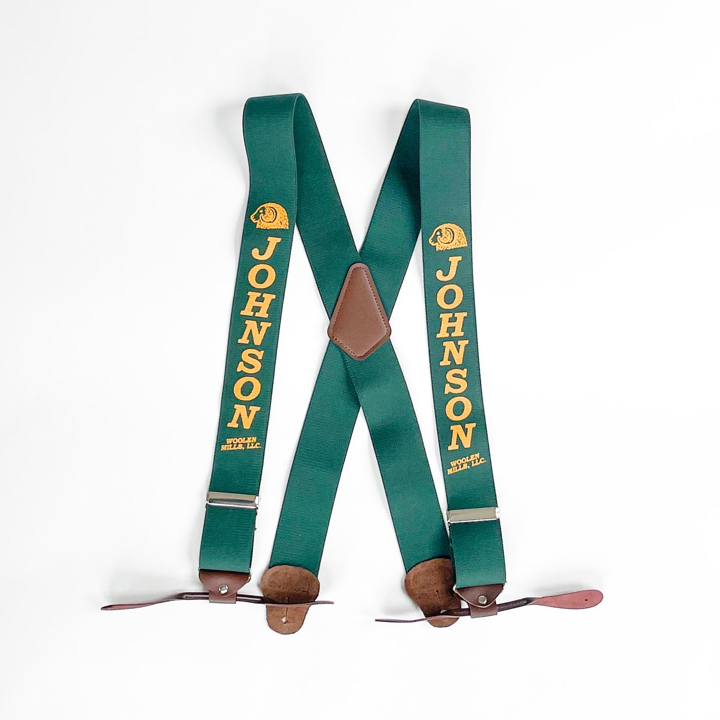 Johnson Woolen Mills green button suspenders with Yellow Johnson logo