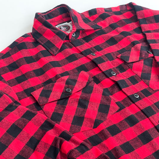 Red and black buffalo check flannel button down shirt front pocket detail