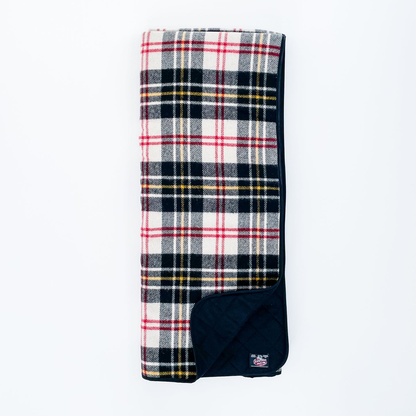 Johnson Woolen Mills Throw Flannel Lined Blanket black/white/yellow/red plaid outside & blue lining inside opened view