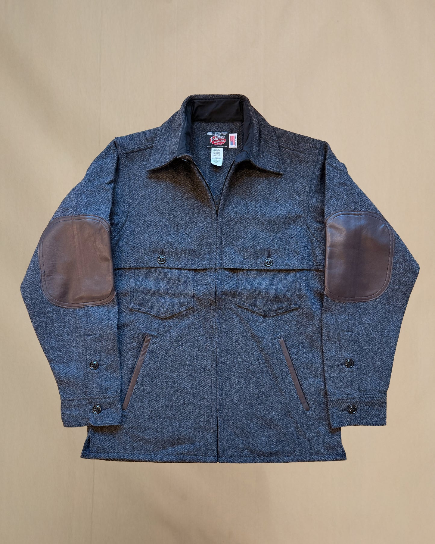 Gray herringbone double cape jac shirt with leather pocket detail and elbow pads