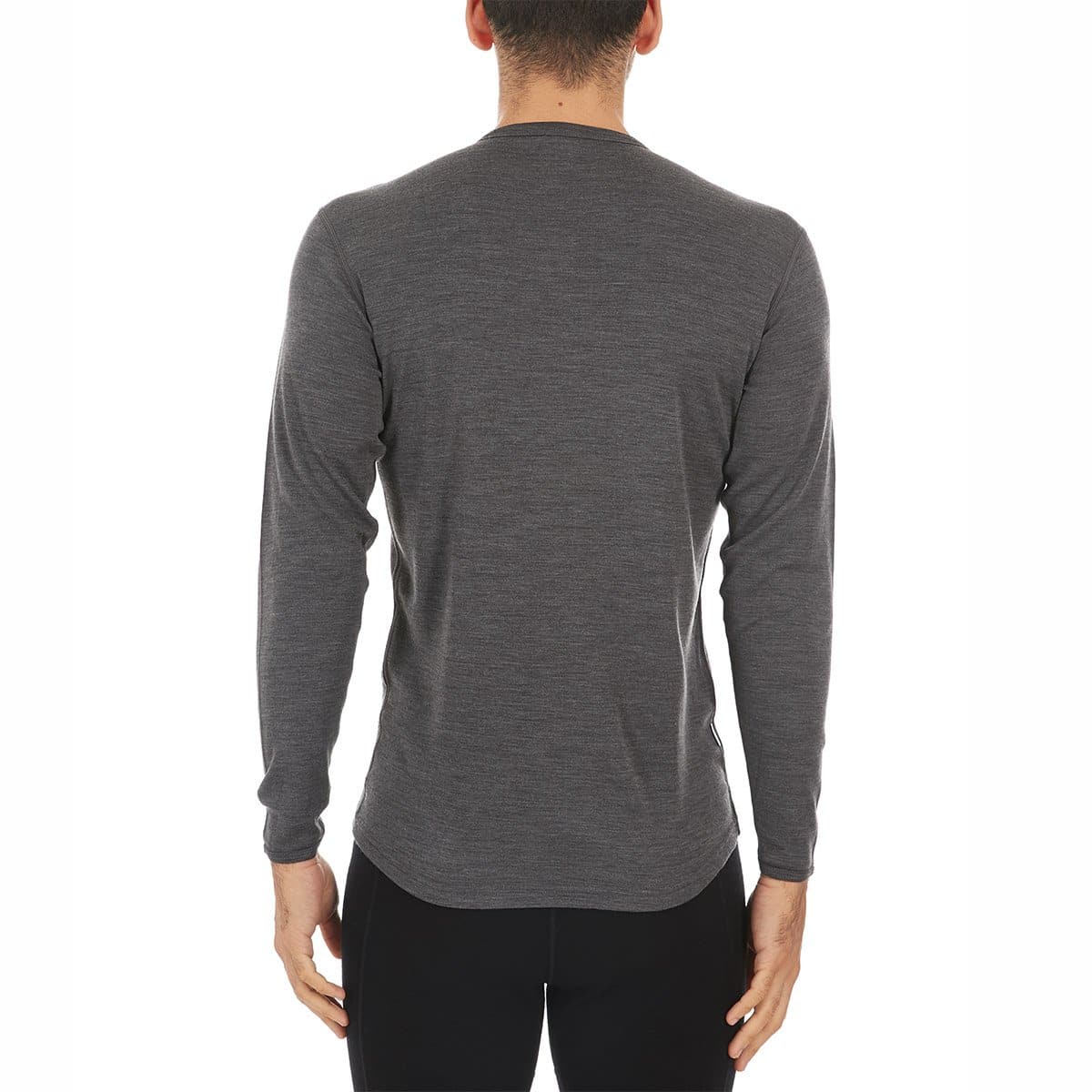 Minus 33  Men's Merino Wool Chocorua Crew Midweight, shown in Gray on model back view