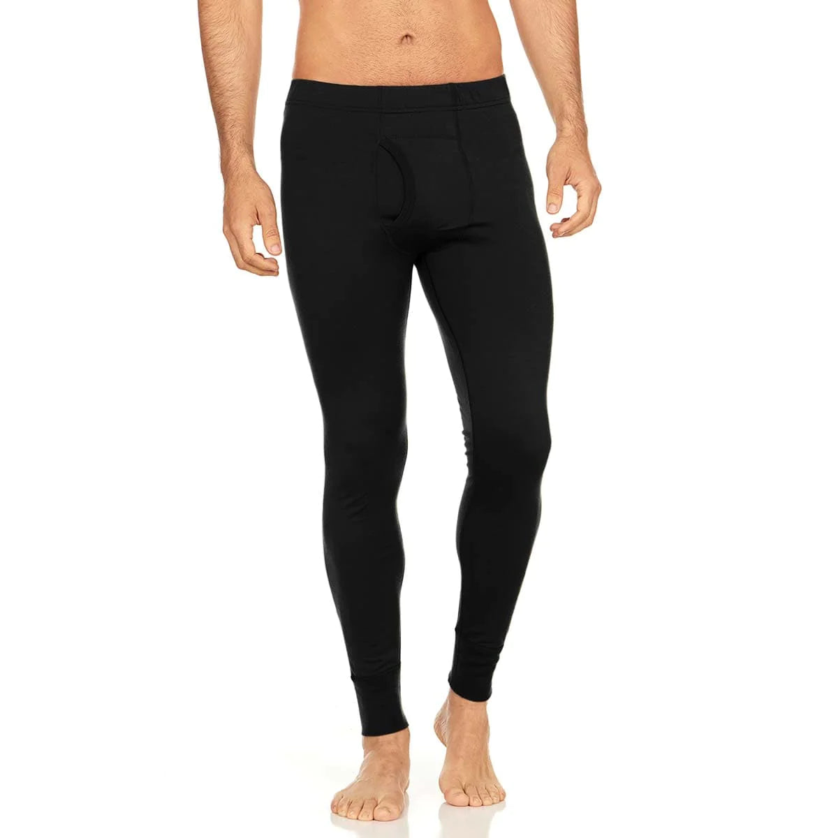 Minus 33  Saratoga black merino wool  men's lightweight bottoms shown on model