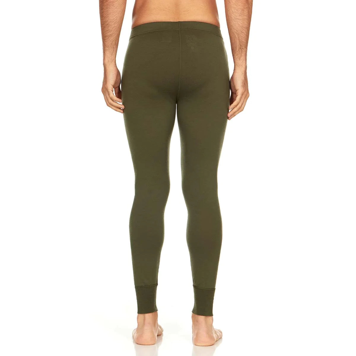 Minus 33 Saratoga merino wool men's lightweight bottoms back side shown in olive on model