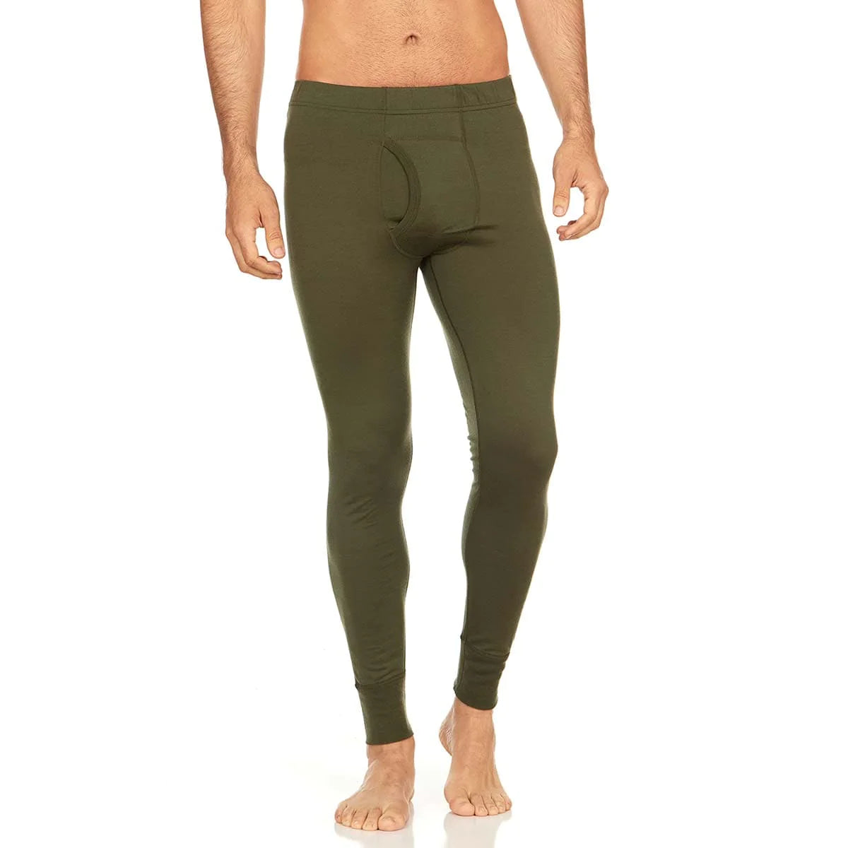 Minus 33  Saratoga merino wool men's lightweight bottoms shown in olive on model