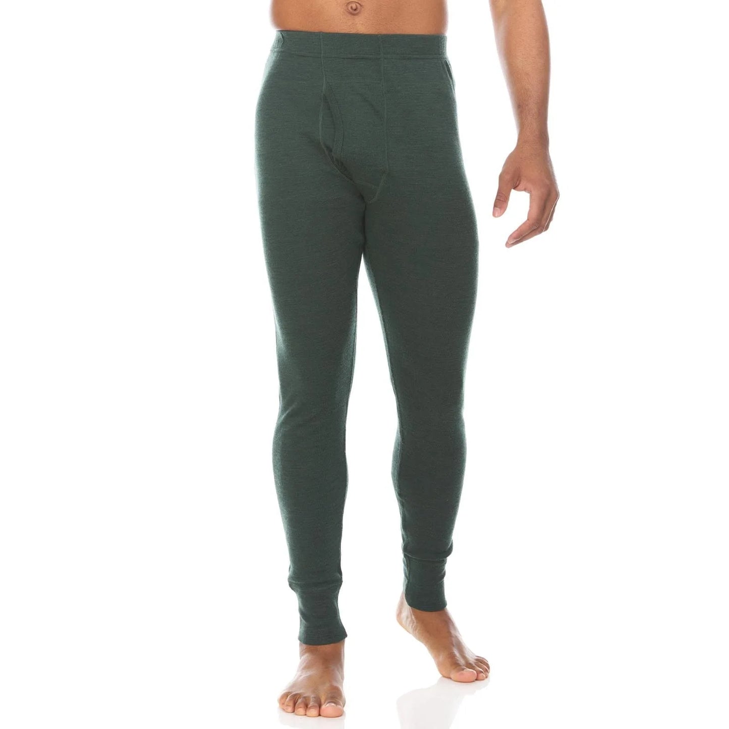 Minus 33 706 Kancamagus forest green merino wool men's midweight bottoms shown on model