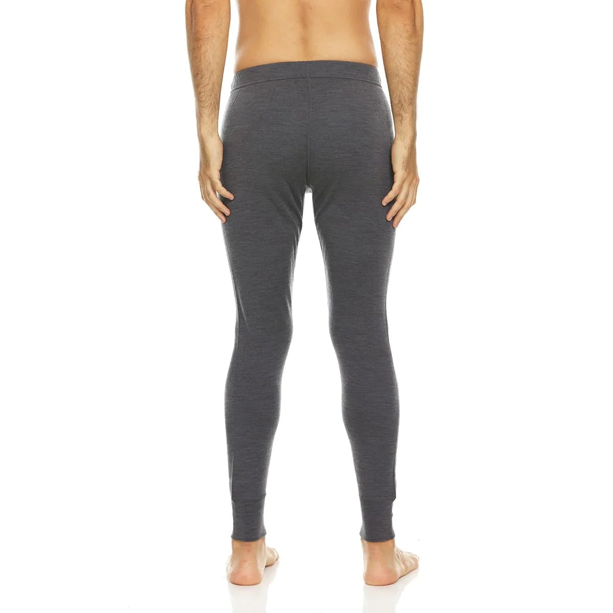 Minus 33 706 Kancamagus charcoal merino wool men's mid-weight bottoms back side shown on model
