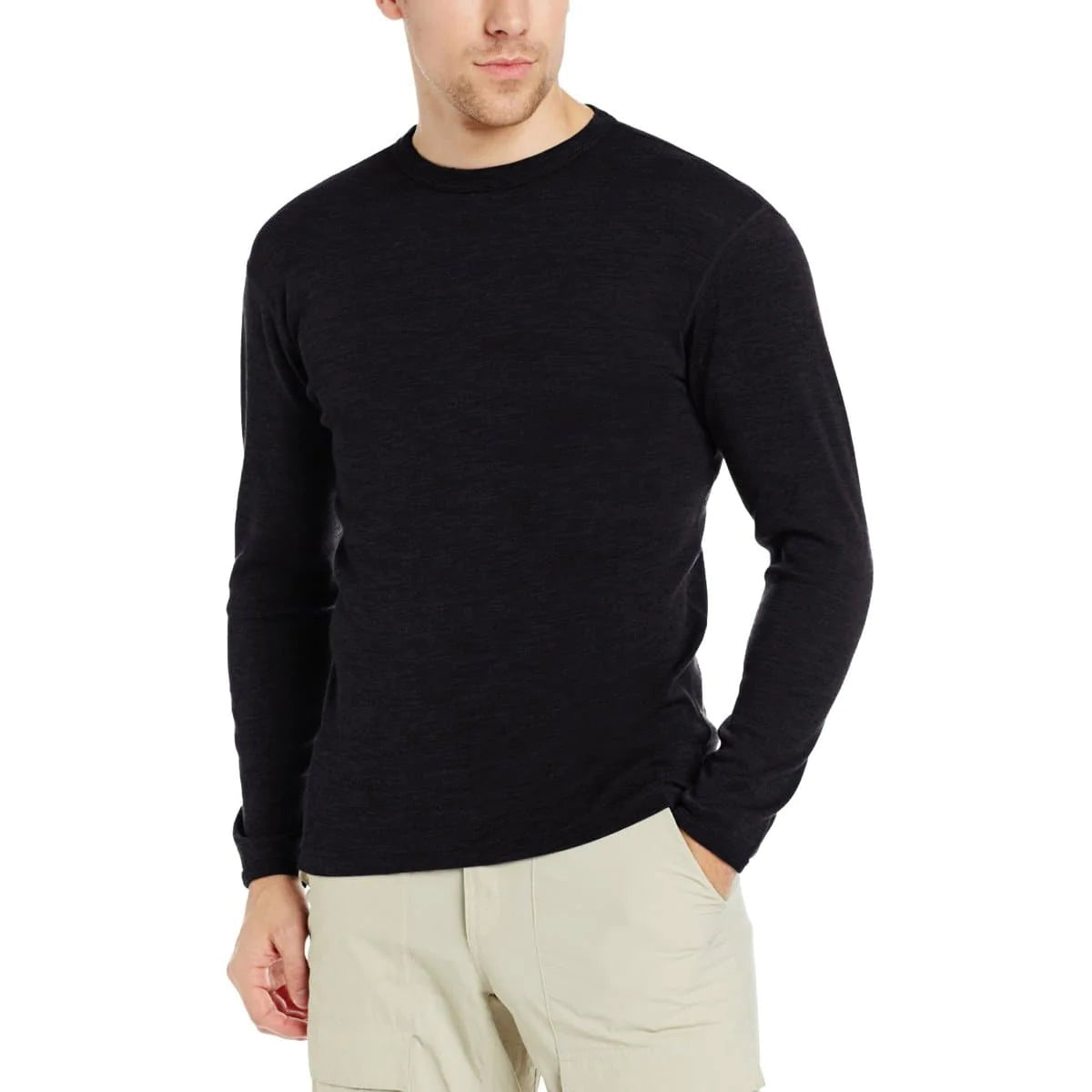 Minus 33 men's Chocorua Merino wool crew midweight black top shown on model