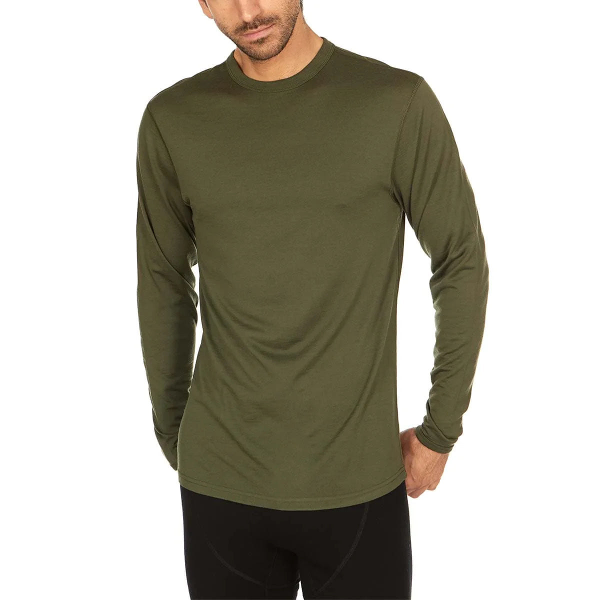 Minus 33 Men's Merino Wool Ticonderoga Crew Lightweight, shown in olive on model