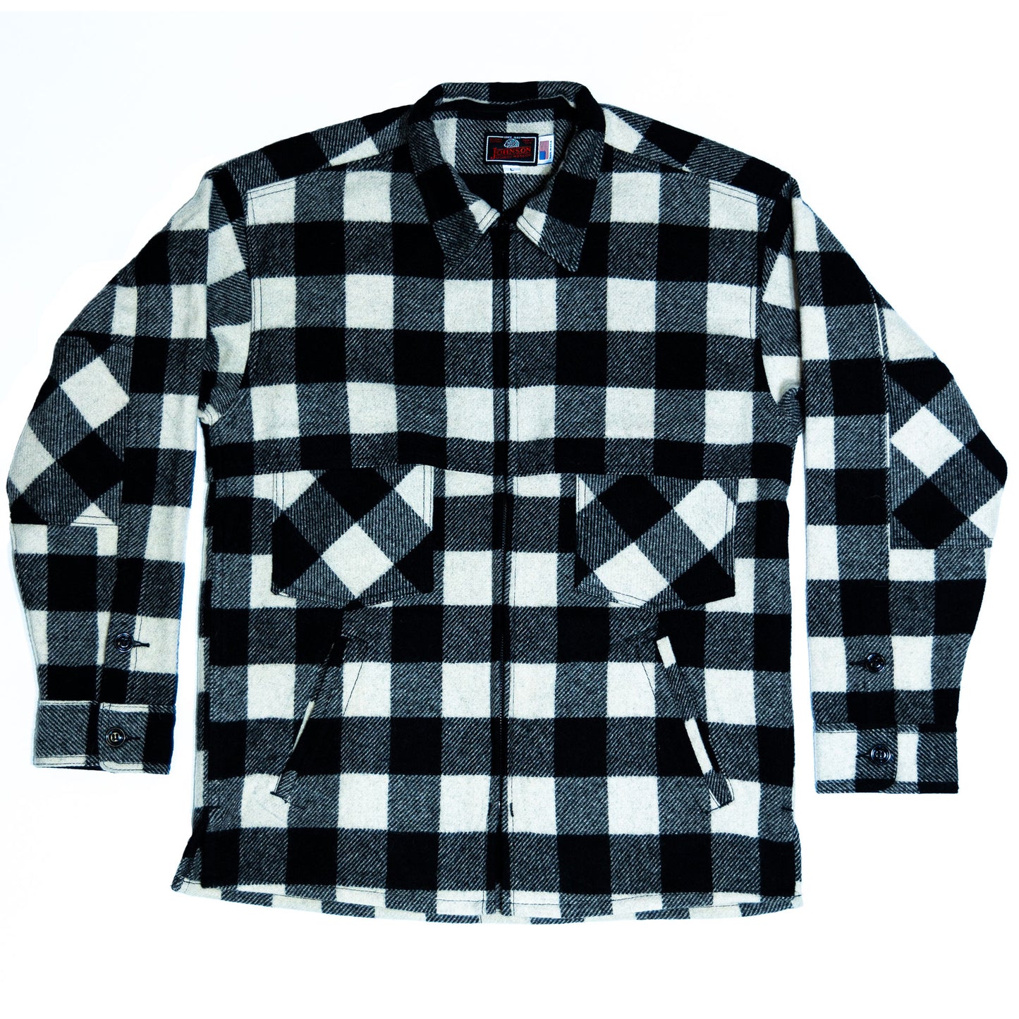 Johnson Woolen Mills Northwoods x 1842 white and black buffalo check wool hunting jac shirt laying flat